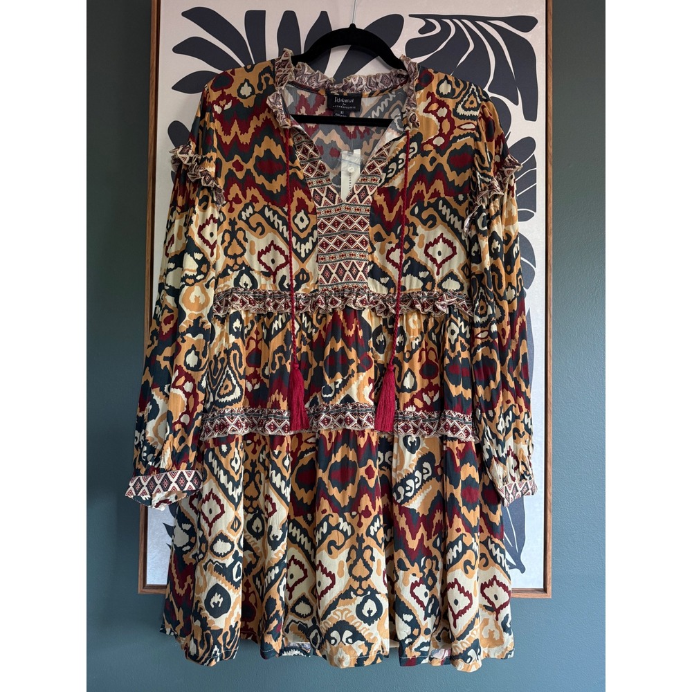 NWT Anthropologie Rdalamal Quinnie Dress Boho Ikat Print Ruffle Neck Midi XS